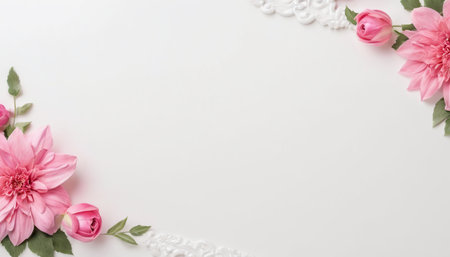 Flowers composition. Frame made of pink flowers on white background. Flat lay, top view, copy spaceの素材