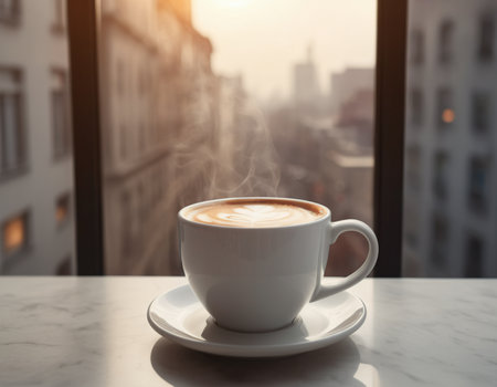 Coffee cup in coffee shop with city view background, vintage toneの素材