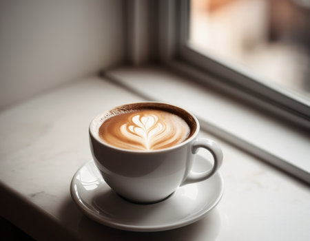 Coffee cup with latte art on table in coffee shopの素材