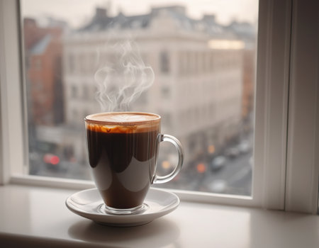 Cup of hot coffee on the windowsill with cityscape viewの素材