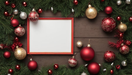 Christmas greeting card mockup with red and silver baubles on wooden backgroundの素材