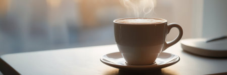 Coffee cup on wooden table in coffee shop, stock photoの素材