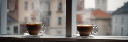 Two cups of coffee on the windowsill in the morning. Selective focus.の素材