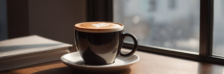 cup of coffee on wooden table near window, panoramic shotの素材