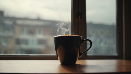 Cup of coffee on a wooden table in front of the windowの素材