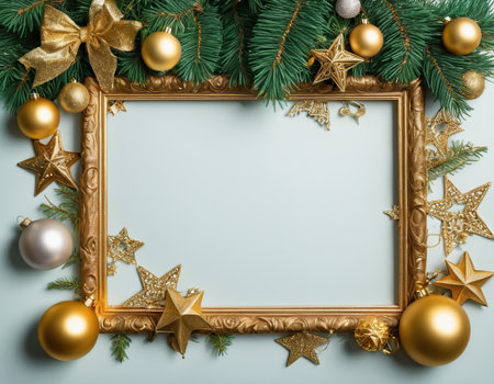 Christmas background with golden frame and decorations. Top view with copy spaceの素材