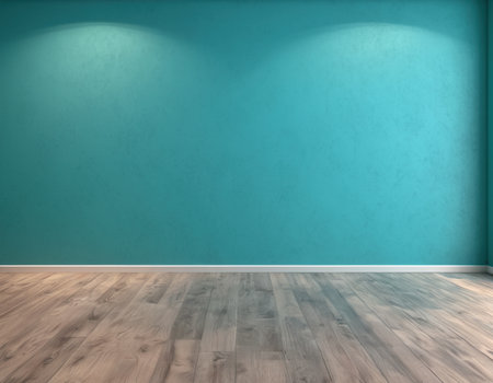 Empty room with blue wall and wooden floor. 3D Renderingの素材