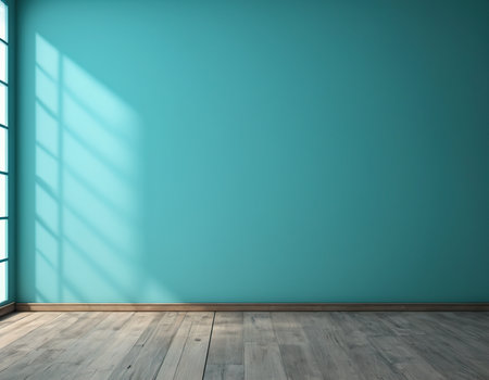 Empty room with blue wall and wooden floor. 3D Renderingの素材
