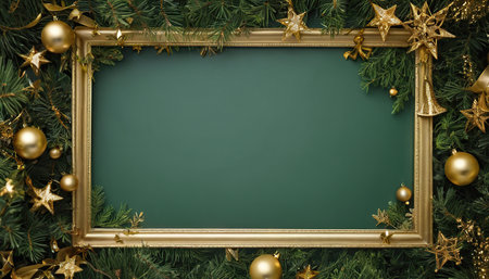 Christmas tree branches with golden decorations and empty green chalkboard background.の素材