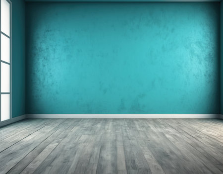 Empty room with blue wall and wooden floor, 3d render.の素材