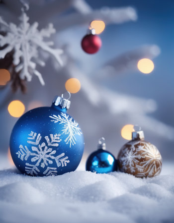 Blue and silver Christmas balls on snow with bokeh backgroundの素材