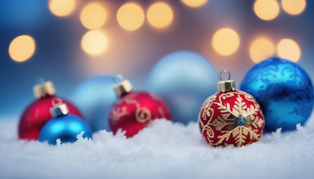 Christmas balls in snow with bokeh background. 3d renderingの素材
