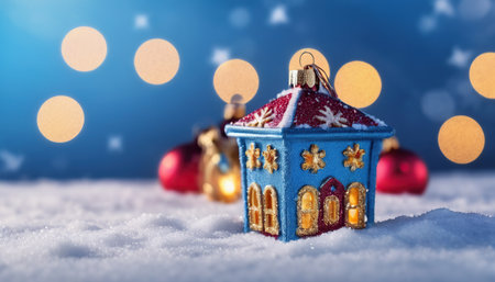 Christmas toy house in the snow with a bokeh background.の素材