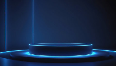 Blue neon light on round podium, 3D rendering. Computer digital drawing.の素材