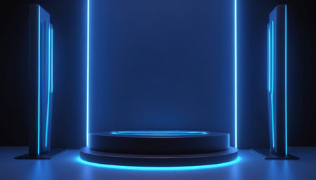 Podium with blue neon light, abstract background. 3d renderingの素材