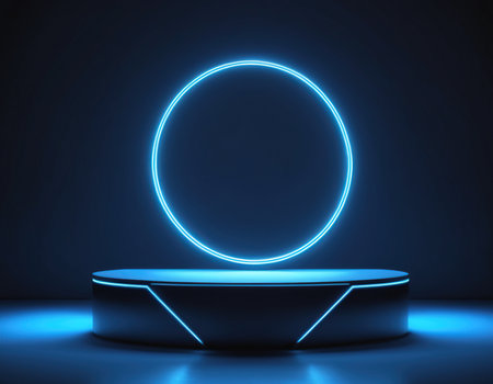 Neon podium on blue background, 3d render, square imageの素材