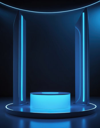 Abstract blue podium on dark background. Mock up, 3D Renderingの素材