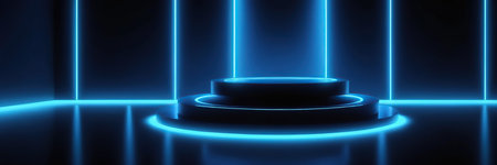 3d render, abstract background, neon light, round pedestal, podiumの素材
