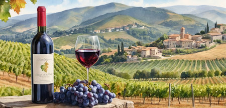 Wine bottle and glass of red wine on vineyard in Tuscany, Italyの素材