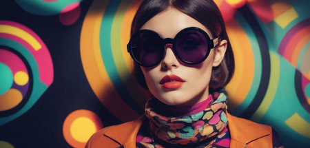 Portrait of a beautiful fashionable woman in sunglasses and a colorful scarf.の素材
