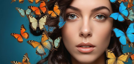 Beautiful young woman with butterflies on her face. Blue background.の素材