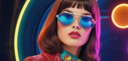 Portrait of a beautiful young woman with bright make-up and sunglasses.の素材