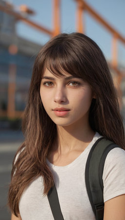 Portrait of a beautiful young brunette woman in a white T-shirt on the streetの素材