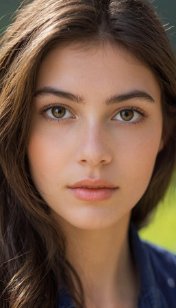 Close up portrait of a beautiful young brunette woman looking at cameraの素材