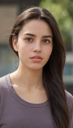 Portrait of a beautiful young woman with long brown hair looking at the cameraの素材
