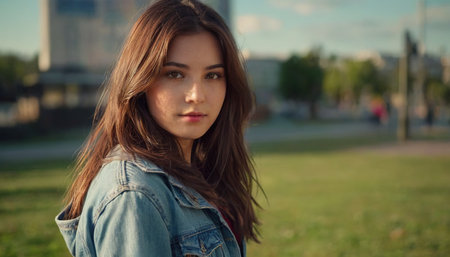 Portrait of a beautiful young woman with long brown hair in a denim jacket on the background of the city.の素材