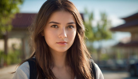 Portrait of a beautiful young brunette girl on the street.の素材