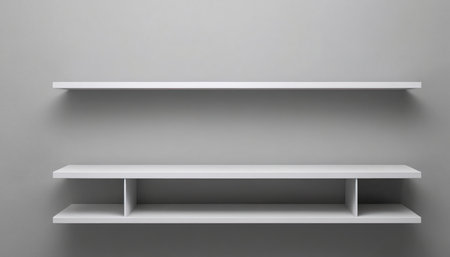 White bookshelves on a gray wall. 3d rendering.の素材