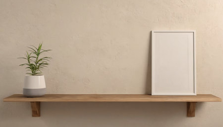 Blank picture frame mockup on wooden shelf, 3d renderの素材