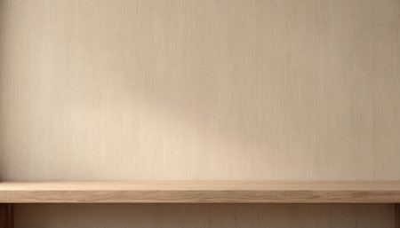 Wooden shelf in front of a beige wall with copy spaceの素材