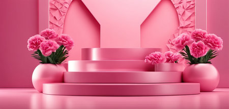 3d render, abstract background with pink podiums and flowers, minimal sceneの素材