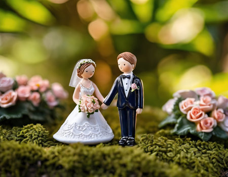 Wedding couple figurine on green moss with bokeh backgroundの素材