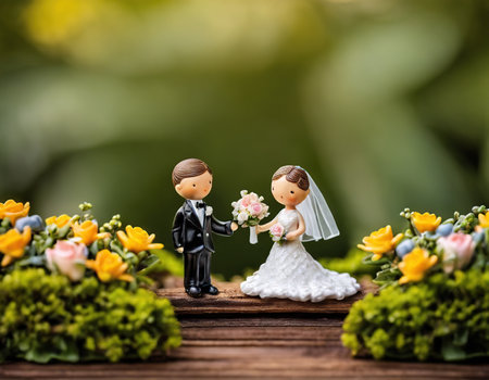 Wedding couple figurine on wooden background with green leaves.の素材
