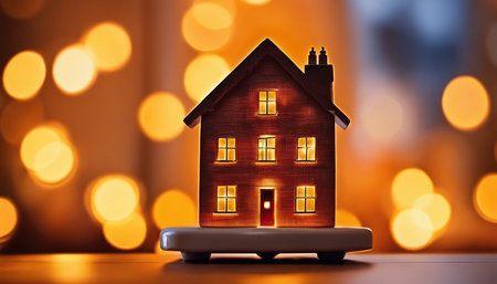 House model with bokeh lights on background. Christmas concept.の素材