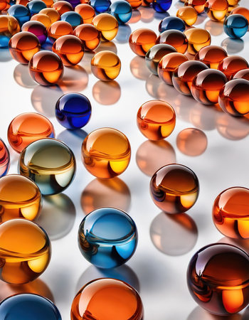 3d render of colorful glass balls on a white background with reflectionの素材