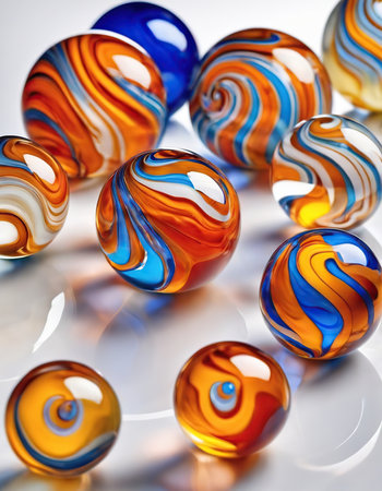 Marbles in blue and orange colors on a white background. 3d renderingの素材