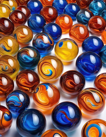 Colored glass marbles on a white background close-up.の素材