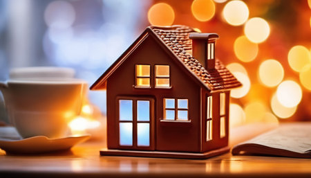 House model with cup of coffee and book on Christmas lights background.の素材