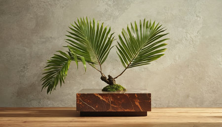 Palm tree in pot on wooden table with concrete wall background.の素材