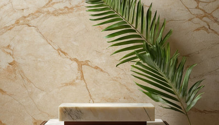 Mockup of marble podium with palm leafle background.の素材
