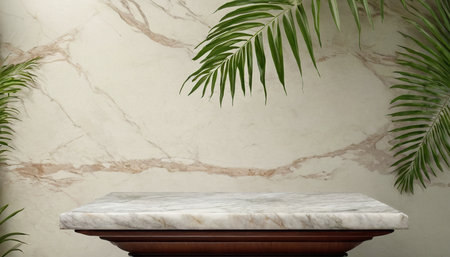 Marble countertop with palm leaves background. 3d renderの素材