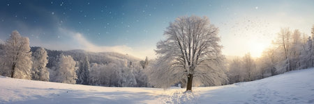 Winter landscape with trees and snowflakes. Panoramic image.の素材