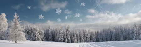 Winter landscape panorama with snowy fir trees and falling snowflakesの素材