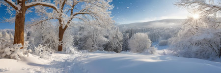 Beautiful winter landscape with trees covered with hoarfrost and snowの素材
