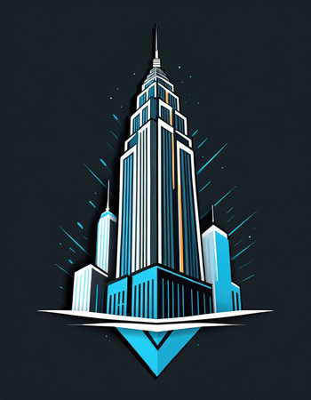 Vector illustration of modern skyscraper in blue and white colors on dark background.の素材