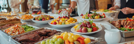 catering wedding buffet with meat and vegetables in restaurant for eventsの素材